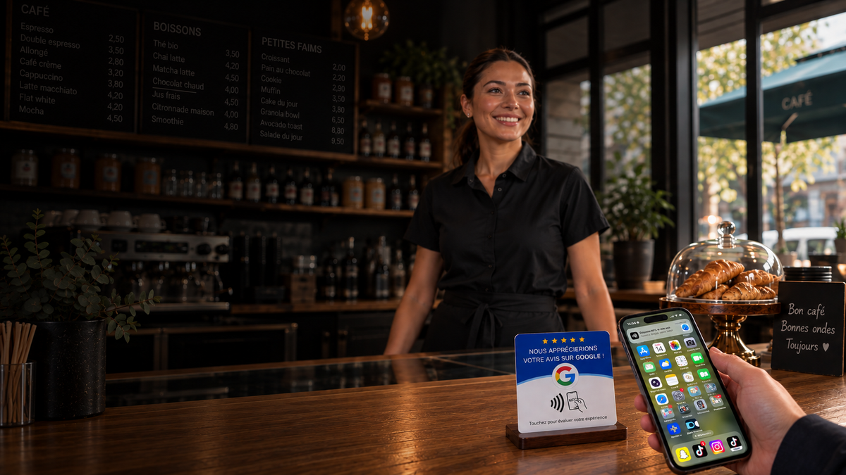 Plaque avis Google Pixite NFC sur un comptoir de café